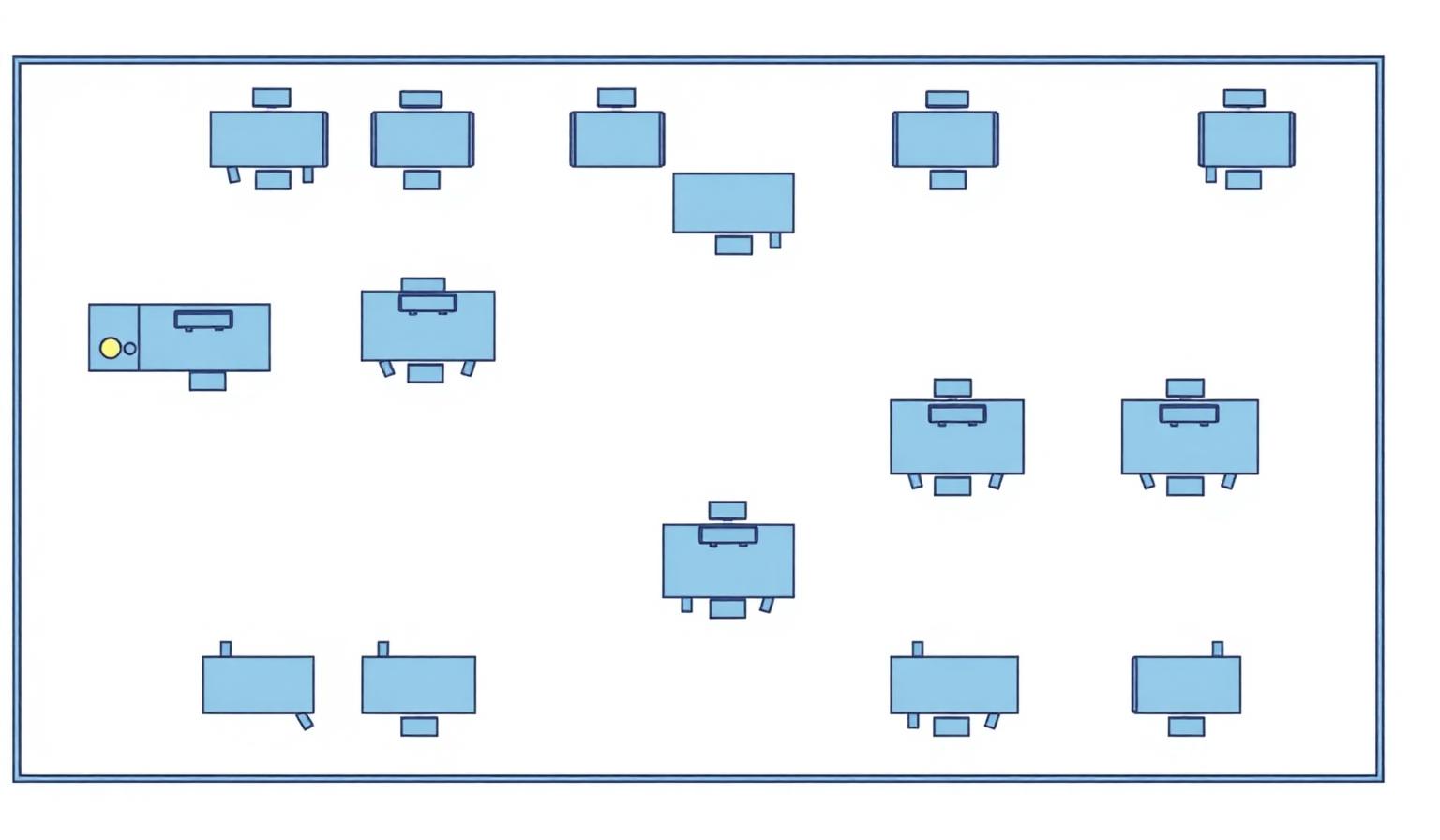 Minimalist top-down office floor plan with desks and occupancy sensors