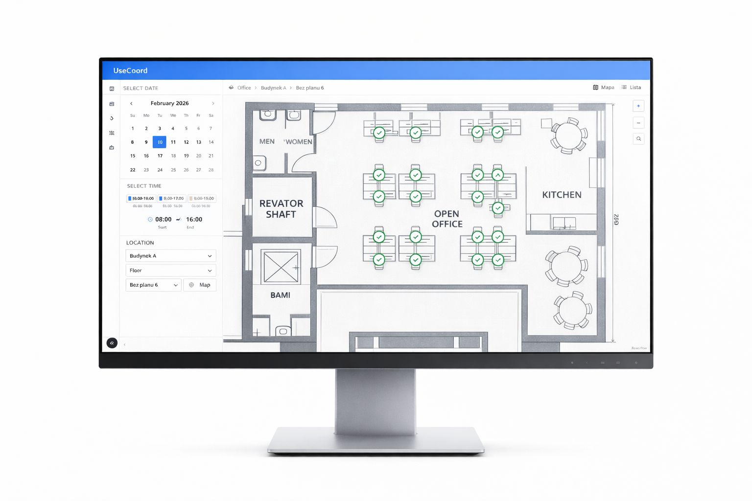 UseCoord desktop dashboard showing floor map and reservation interface